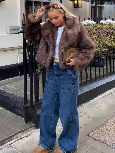 European American New Fashion Women's Turn-down Collar Long Sleeve Elegant Luxury Casual Trendy Faux Fur Coats Female Clothes