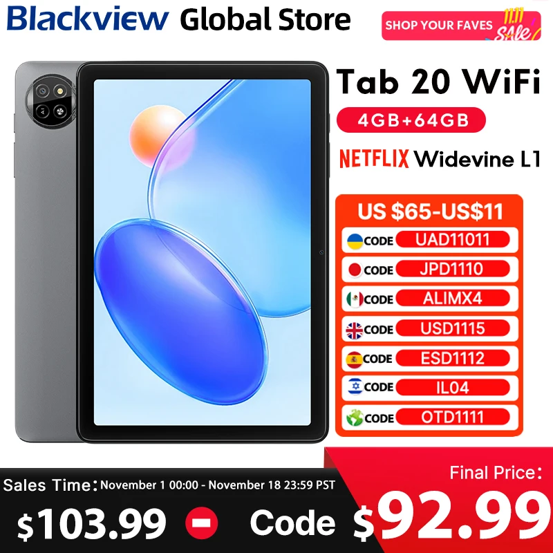 블랙뷰 탭 20 WIFI 태블릿 10.1인치 HD+ IPS 디스플레이 와이드바인 L1 4GB 64GB 유니소크 T310 안드로이드 15 6600mAh 8MP 태블릿 패드 PC