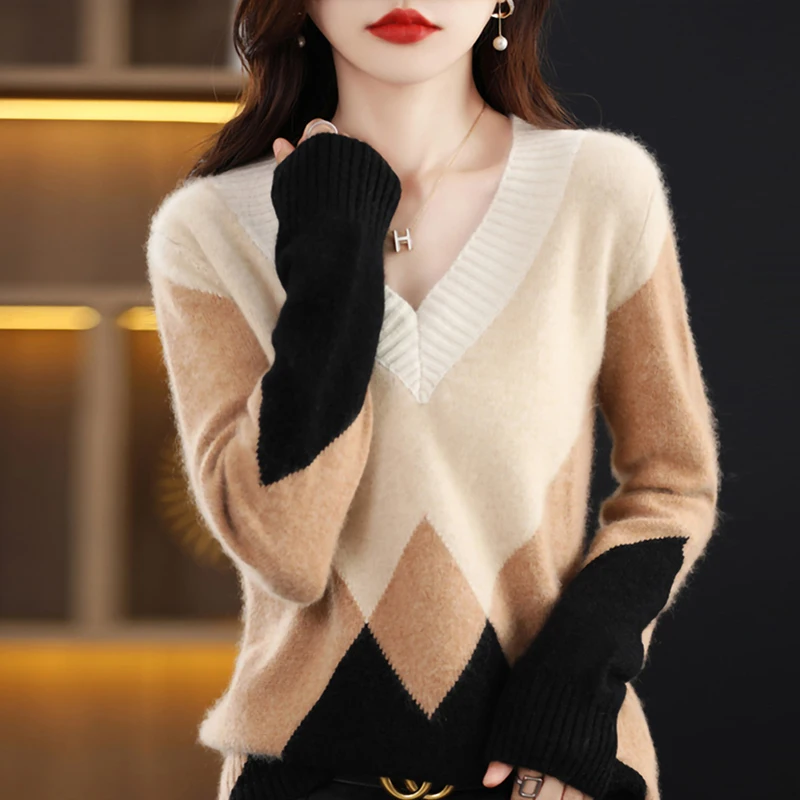 LONGMING Merino Wool Pullovers Women Sweater Cashmere Knitwears Sweater V-neck Knit Jumper Tops Clothes Korean Fashion Streewear