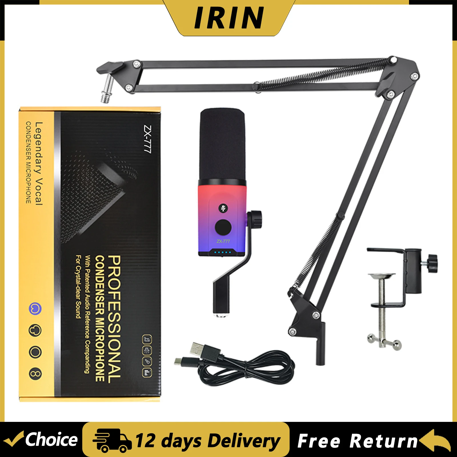 IRIN ZX-777 PRO Condenser Microphone XLR USB Dual Mode Mic with Stand Touch Mute 0 Latency Monitoring for Streaming Recording