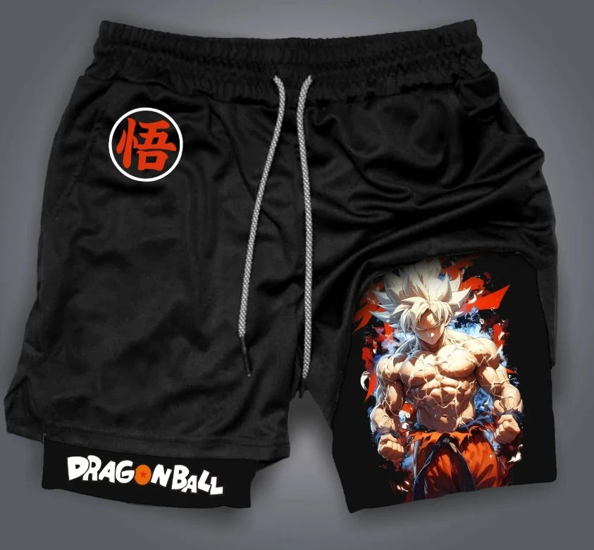 Shorts esportivos com tema Dragon Ball – duas peças, cordão elástico, bolso para moedas, alça para toalha, bolsos inclinados, forro reforçado
