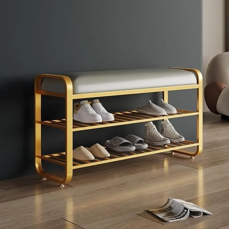 Modern Simple Iron Art Double-layer Shoe Changing Stool Light Luxury Home Shoe Cabinet Leather Door Wearing Shoe Stool Furniture