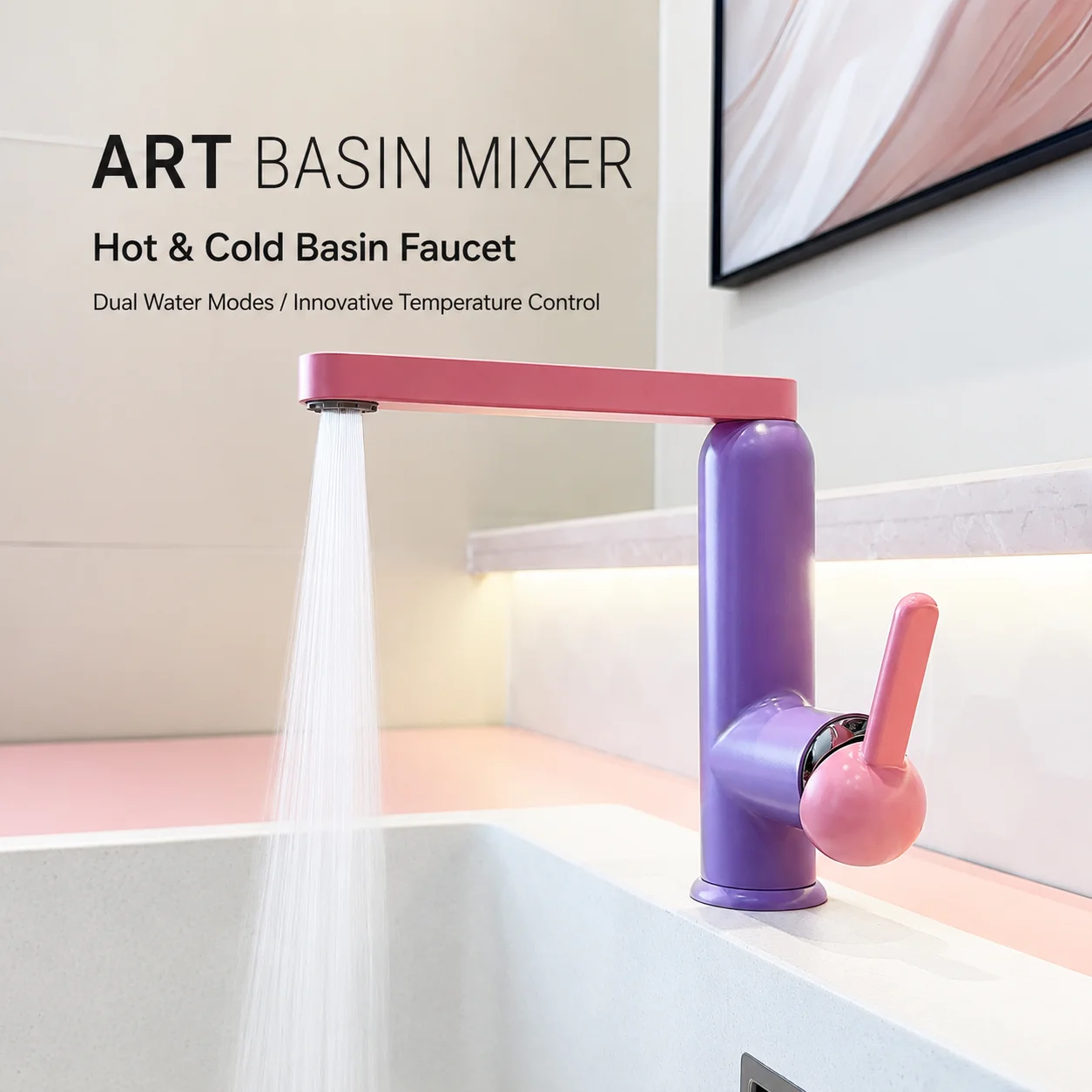 Dopamine Pink Purple Basin Faucet 360° Swivel Hot Cold Mixer Tap Dual Water Modes Anti Splash Bathroom Sink Faucet