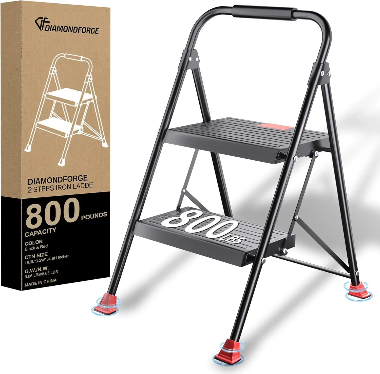 

Step Ladder Foldable Folding Stool - For Home Adults Kitchen 2 Stepping Extension Tall Heavy Duty With Handrails - Closet
