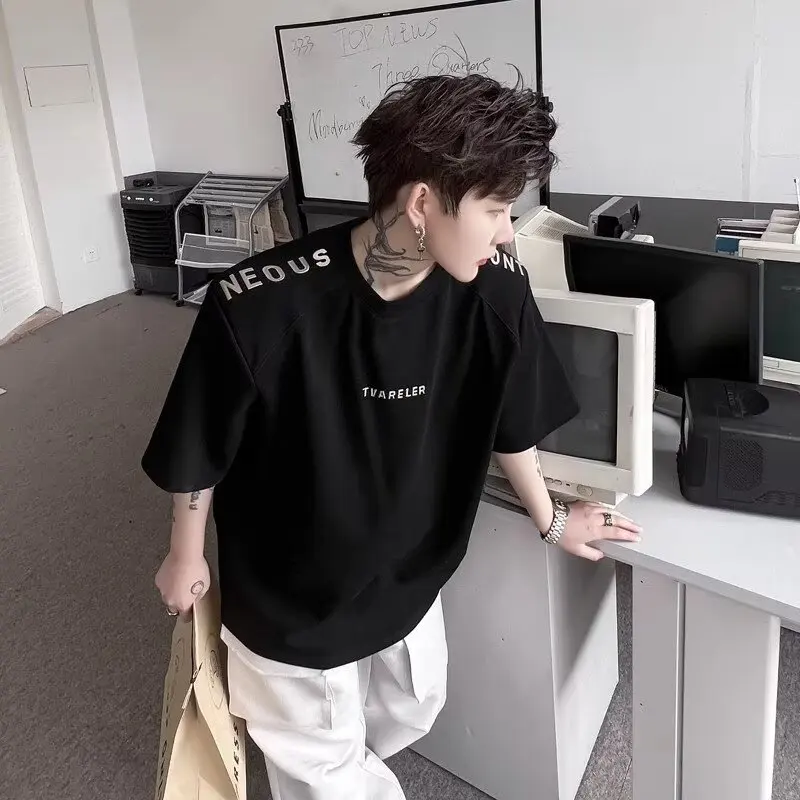 Summer Men's T-Shirt Shoulder Pads Short Sleeve Silver Letter Design Heavyweight Cool Feeling Loose Fit round Neck Half Sleeve