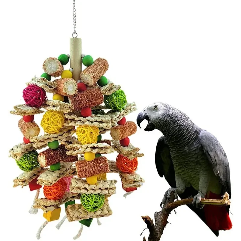 Natürliches Maiskolben-Kauspielzeug für Papageien, Vogelschaukel mit Holzständer & Perlen, Käfig-Spielplatz für Wellensittiche