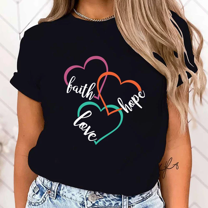 (High Quality Clothes)Funny Breast Cancer Awareness Faith Hope Love Letter Printing T-Shirts For Women Summer Tee Shirt