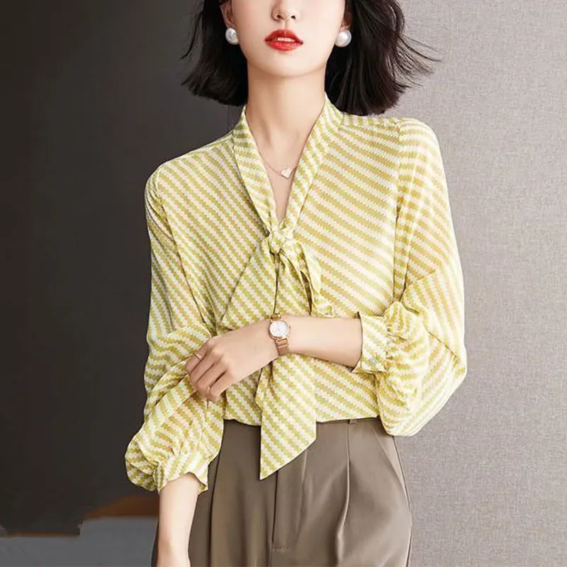 Women V-Neck Long Sleeve Shirts, Lacing Shirts Loose Striped Tops Elegant Temperament Clothes Spring and Summer Fashion New Sty