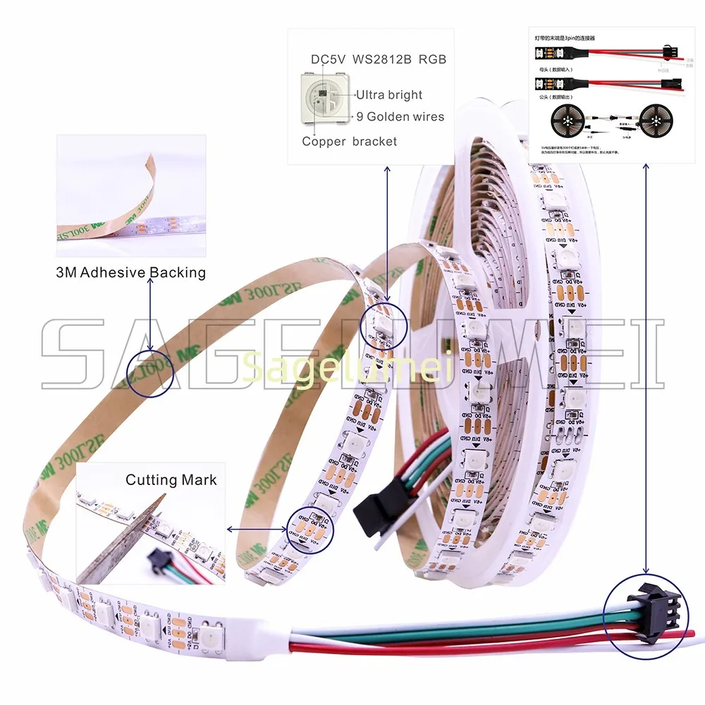 1 متر-5 متر WS2812B 30/60/144 بكسل/led/م شريط بكسل Led ذكي ، أسود/أبيض PCB WS2812B/M IP30/IP65/IP67 DC5V RGB LED أضواء الشريط
