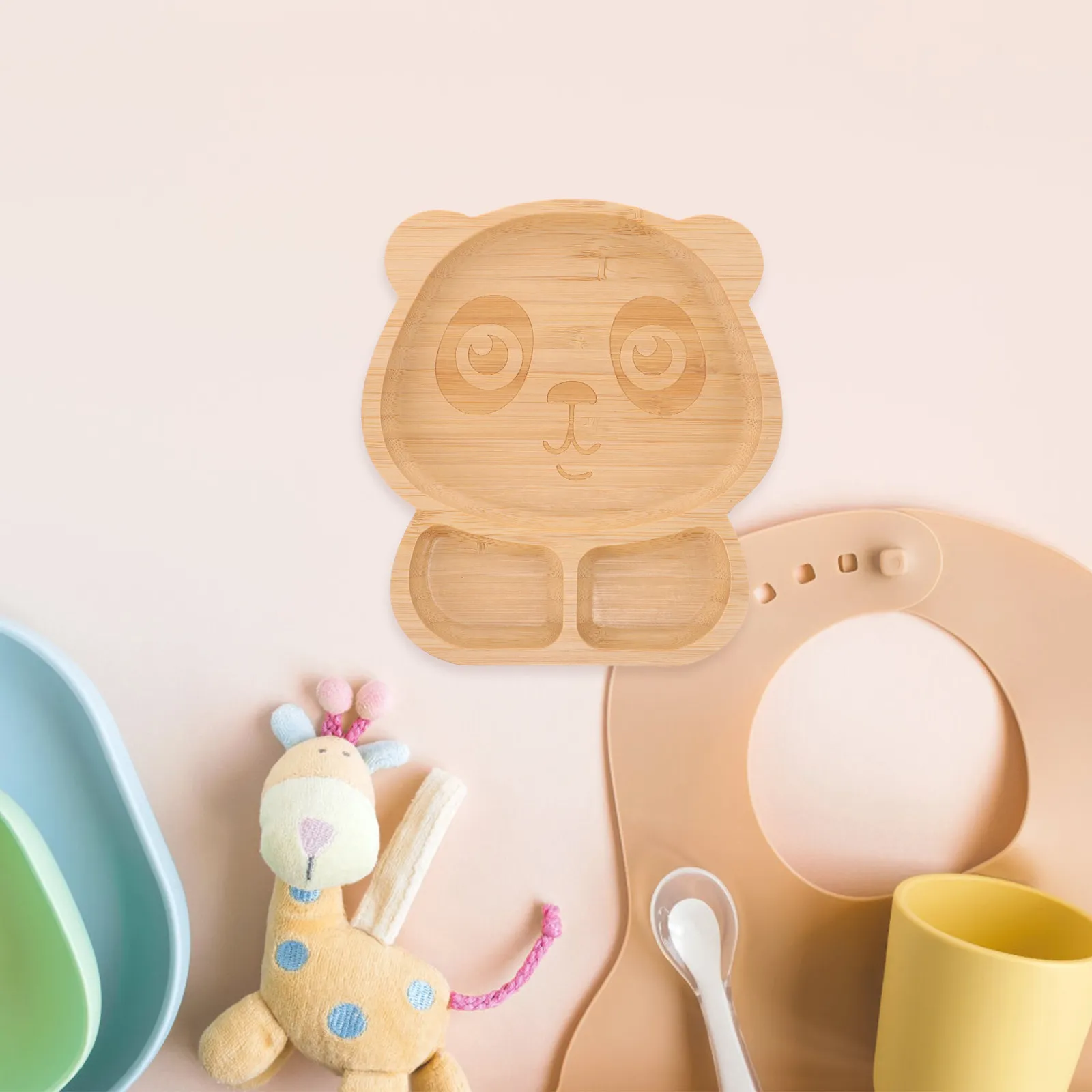 

Wood Divided Food Tray Bamboo Suction Cup Kids Wood Plates Safe Toddler Food Serving Tray Panda Pattern Kitchen Lunch Divided