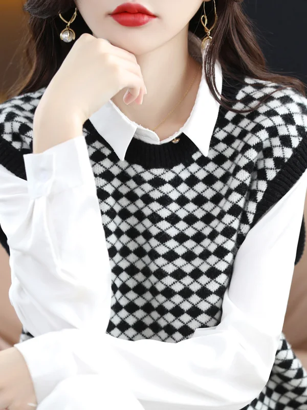 

Женский круглый вязаный шерстяной жилет Ne, весенне-осенний свободный универсальный многослойный клетчатый трикотаж Faion Commute Sle