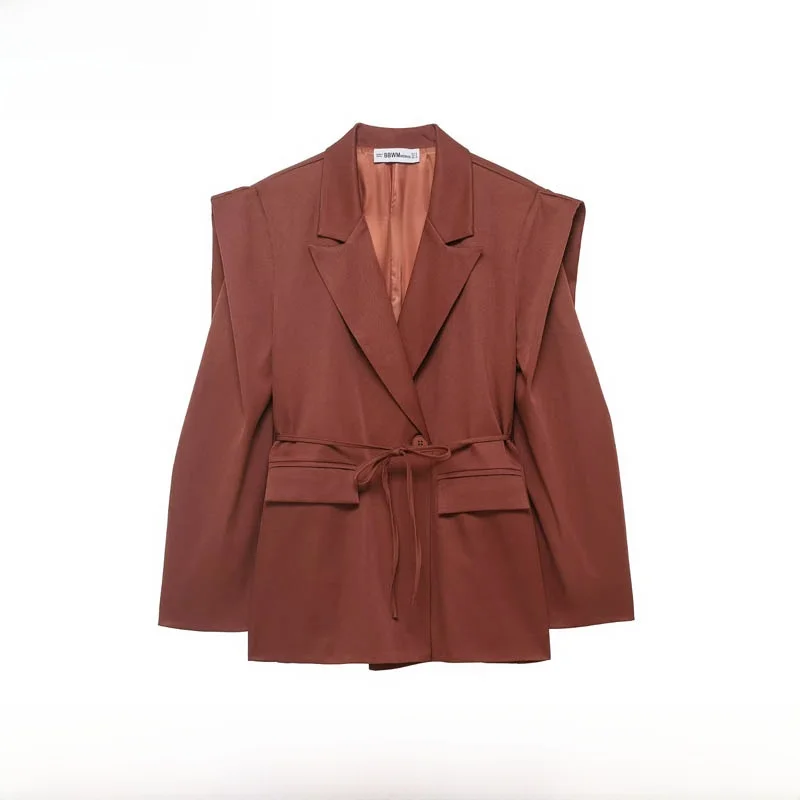 

Faionable Wide oulder Suit Jaet Women's Autumn Winter New Arrival Belted Versatile Sli Polyester Fiber Long Sve