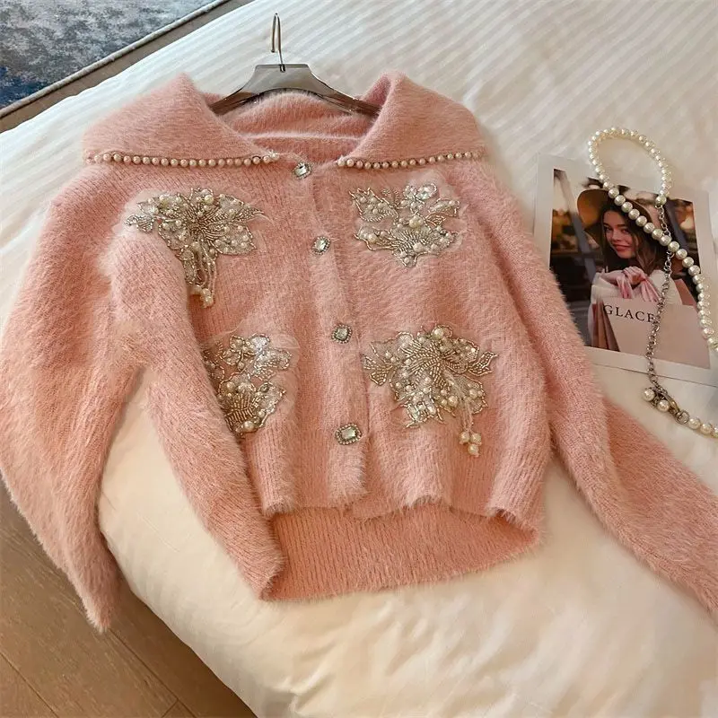 Luxury Women Doll Collar Mink Cashmere Rhinestones Sweater Coat Mohair Pearls Beaded Knitted Cardigan Velvet Diamonds Plush Tops