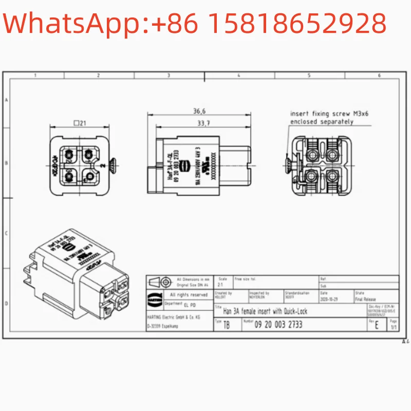 10pcs 09200032733 Germany Harting Connector Han 3A-F-QL Original
