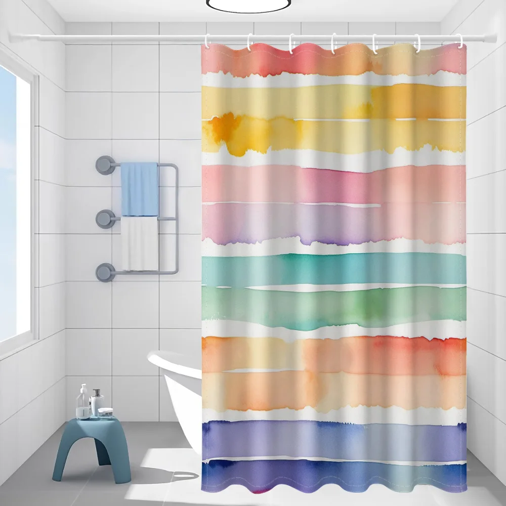Abstract Watercolor Stripe Shower Curtain, Pastel Rainbow Horizontal Color Wash Art Print, Machine Washable Bathroom Shower