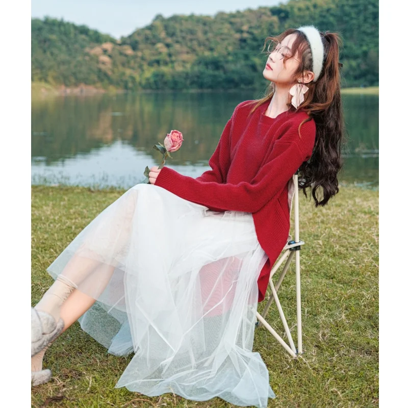 

Осень-зима, женские длинные сплит-свитера, сетчатые юбки 1, или комплекты из двух предметов, женские свободные вязаные топы с круглым вырезом, брюки с поясом, юбка, наряд