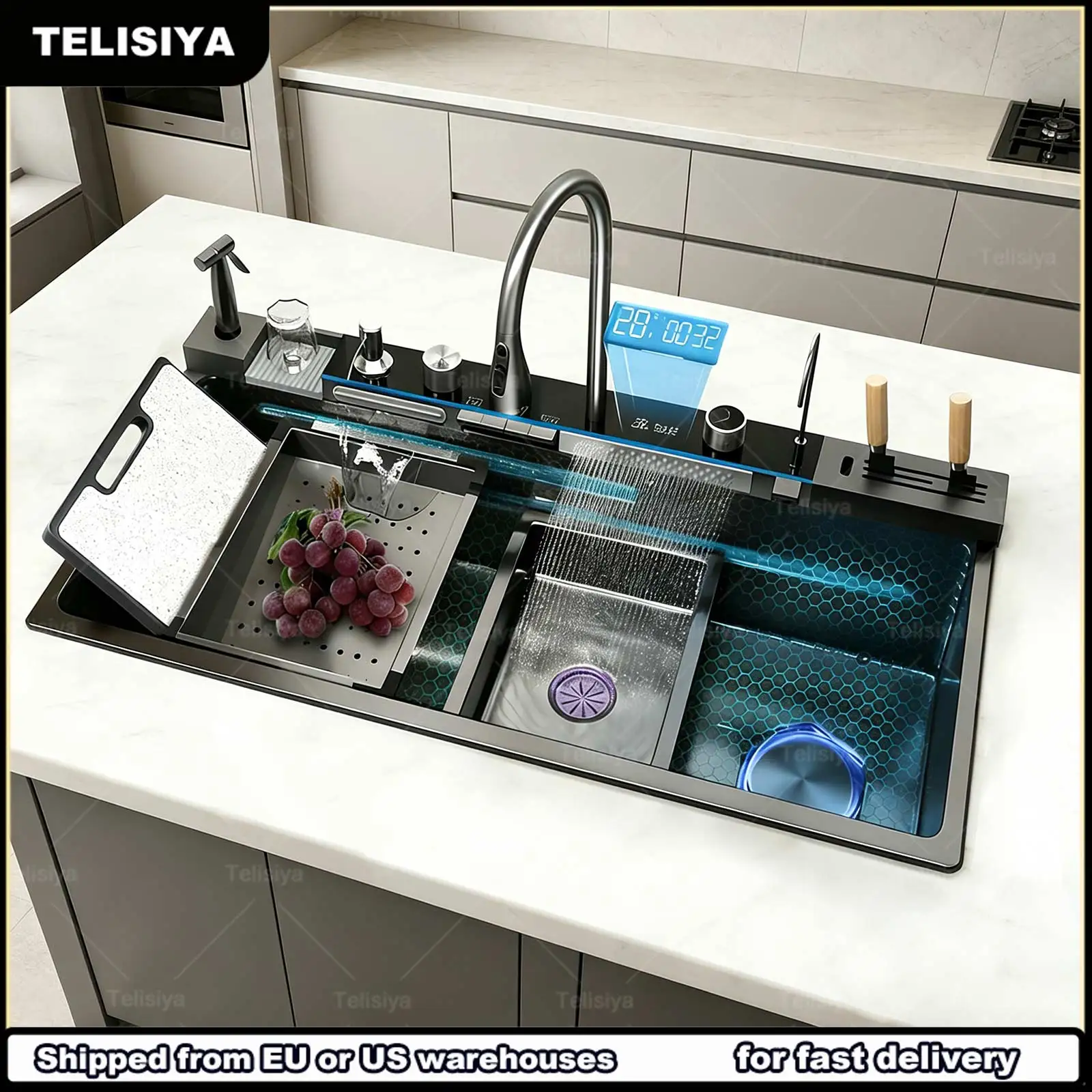 Modern Stainless Steel Kitchen Sink Intelligent Digital Display Faucet Waterfall Single Slot Wash Dish Vegetables Basin