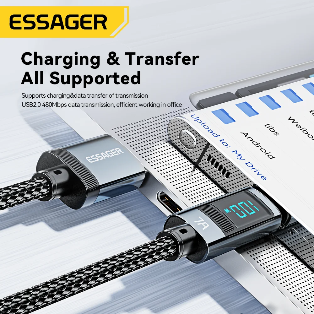 Essager 7A 100W USBA a tipo C Cable de carga súper rápido Cable de datos de nailon para iPhone Xiaomi Samsung con Cable de pantalla Digital Led