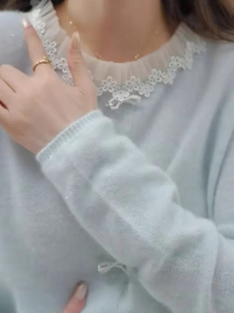 안티에이징 스플라이스 니트 스웨터 슬리밍 매듭 디자인 편안한 롱 슬리브 여성용 탑 엘리 신상