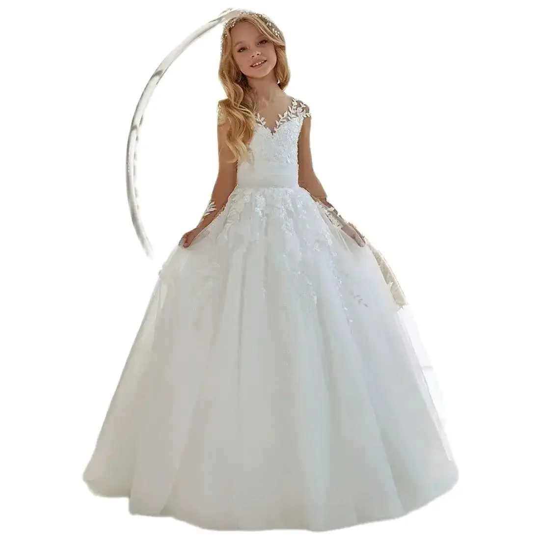 สีขาว V คอลูกไม้ดอกไม้สาวชุดแขนยาวสีขาว First Communion Gown อย่างเป็นทางการชุดวันเกิด