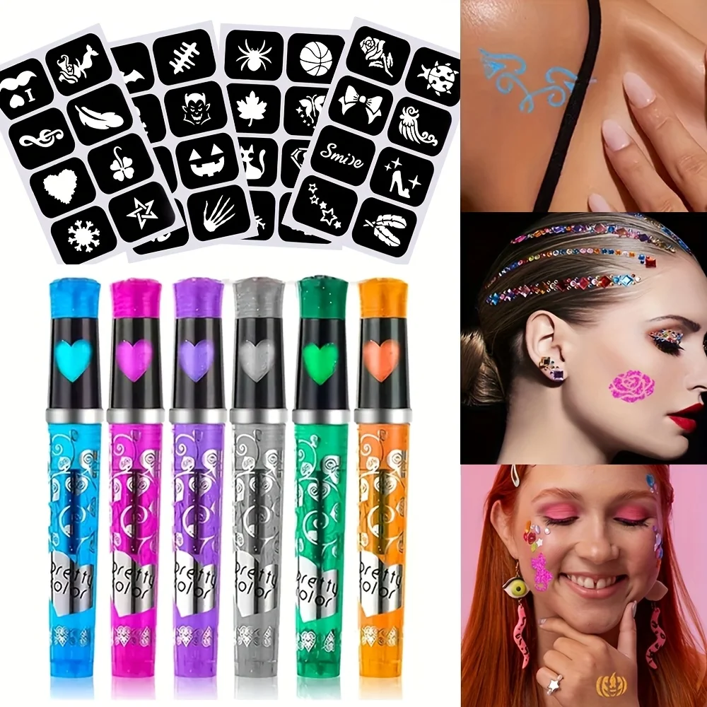 

6 Color Temporary Tattoo Pen Set with 4 Tattoo Templates,Body Art Marker Creates Bold And Fine Lines for Body And Face Coloring