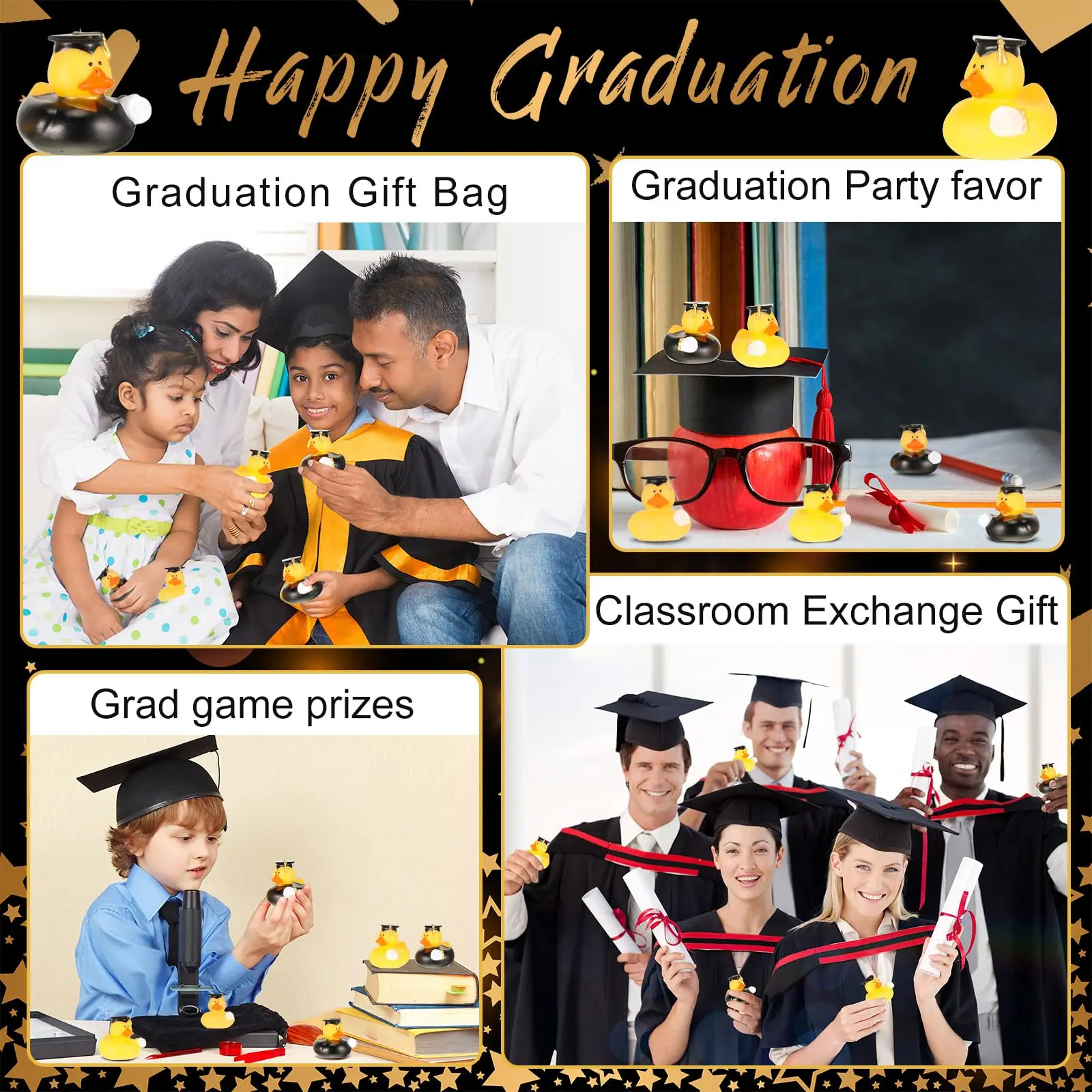 6/12/24Pcs Mini Graduation Rubber Ducks Yellow Grad Duck Bulk fFloat Party Favors Decoration Classroom Reward Prize Gifts