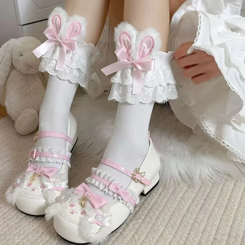 Calcetines japoneses Harajuku Lolita con orejas de conejo para mujer, calcetines cortos con lazo JK de verano, calcetines dulces de encaje grande de encaje Lolita