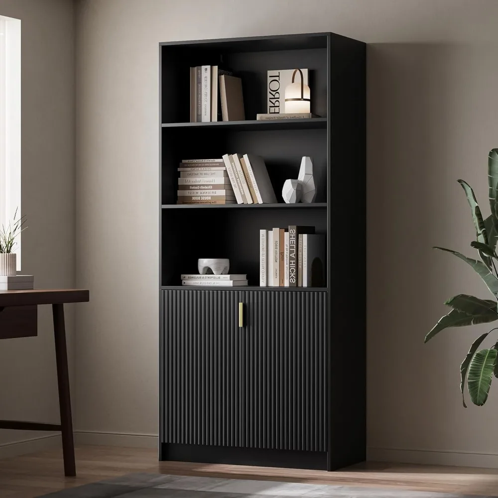 

Modern Display Cabinet with Fluted Doors, 70.8 Tall Book Shelf with Open Storage, 3-Tier Bookcase with Golden Handle, Wooden Sto