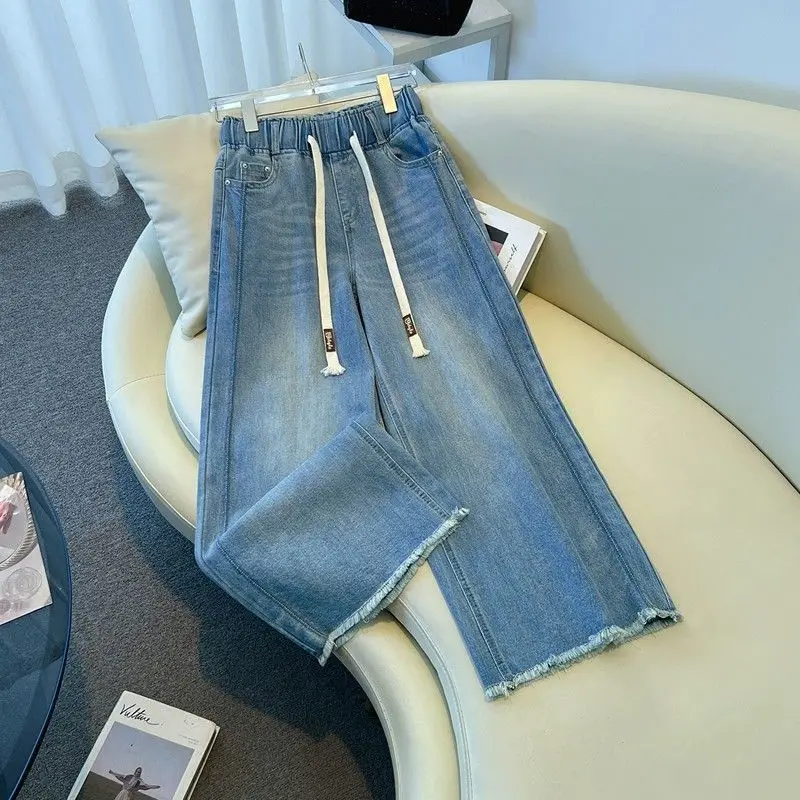 Jeans femininos de cintura elástica com pernas largas – calças jeans cortadas retas de cintura alta para conforto e estilo casual de verão