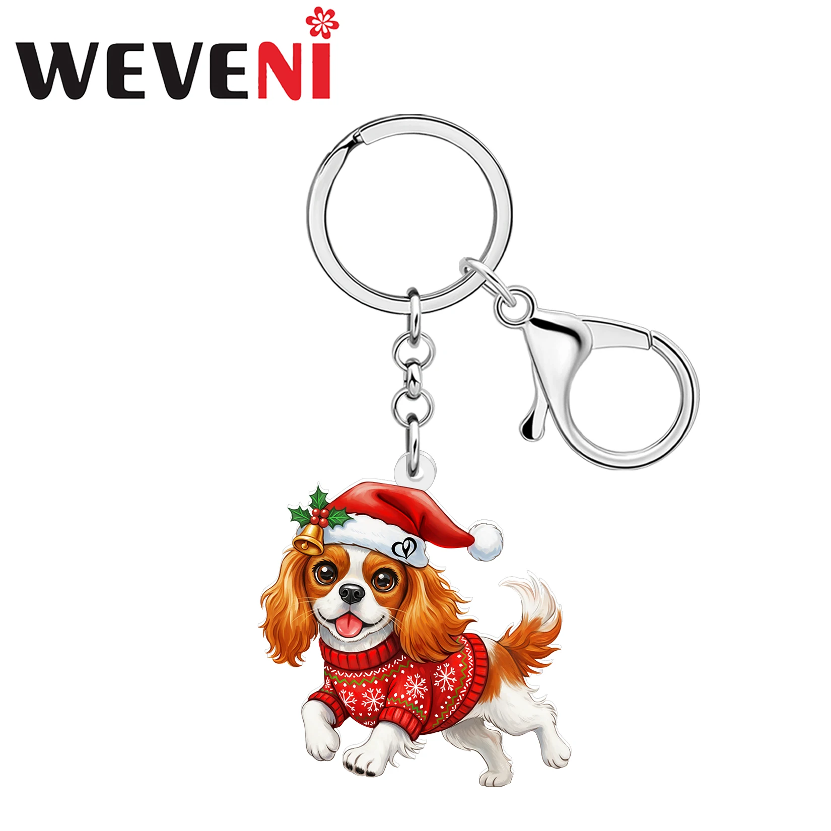 WEVENI Llavero de acrílico de Navidad con perro Cavalier King Charles Spaniel, cachorro con gorro de Papá Noel y animales con suéter feo, para adornos de bolso