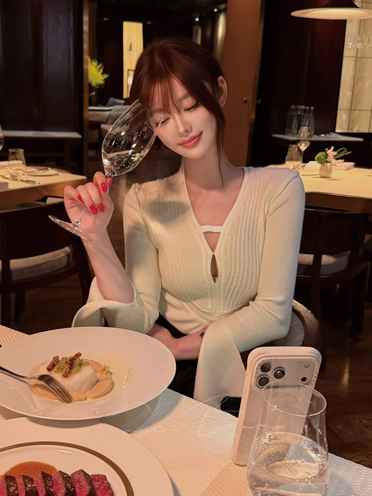 Elegant Hollow out Long Sleeve Knitted Sweater Women's Bell Sleeve V-Neck Slim Fit Soft Comfortable Base Top for Teen Girls view 4