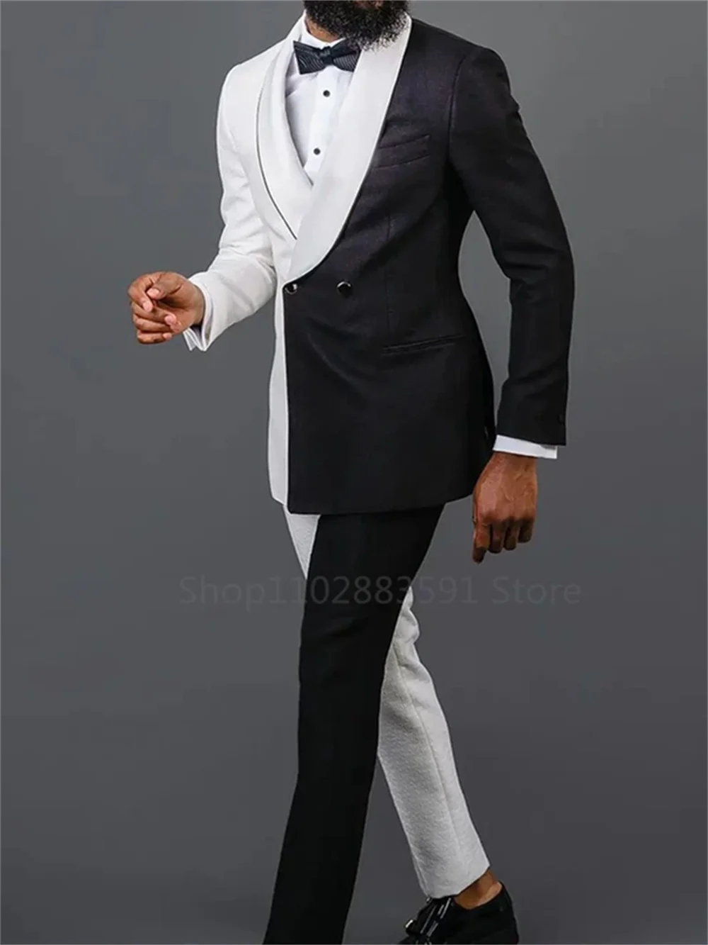 2 Pieces Newest Splicing Colors Men Suits Set  Wedding Groom Tuxedo White Black Blazer+Pants