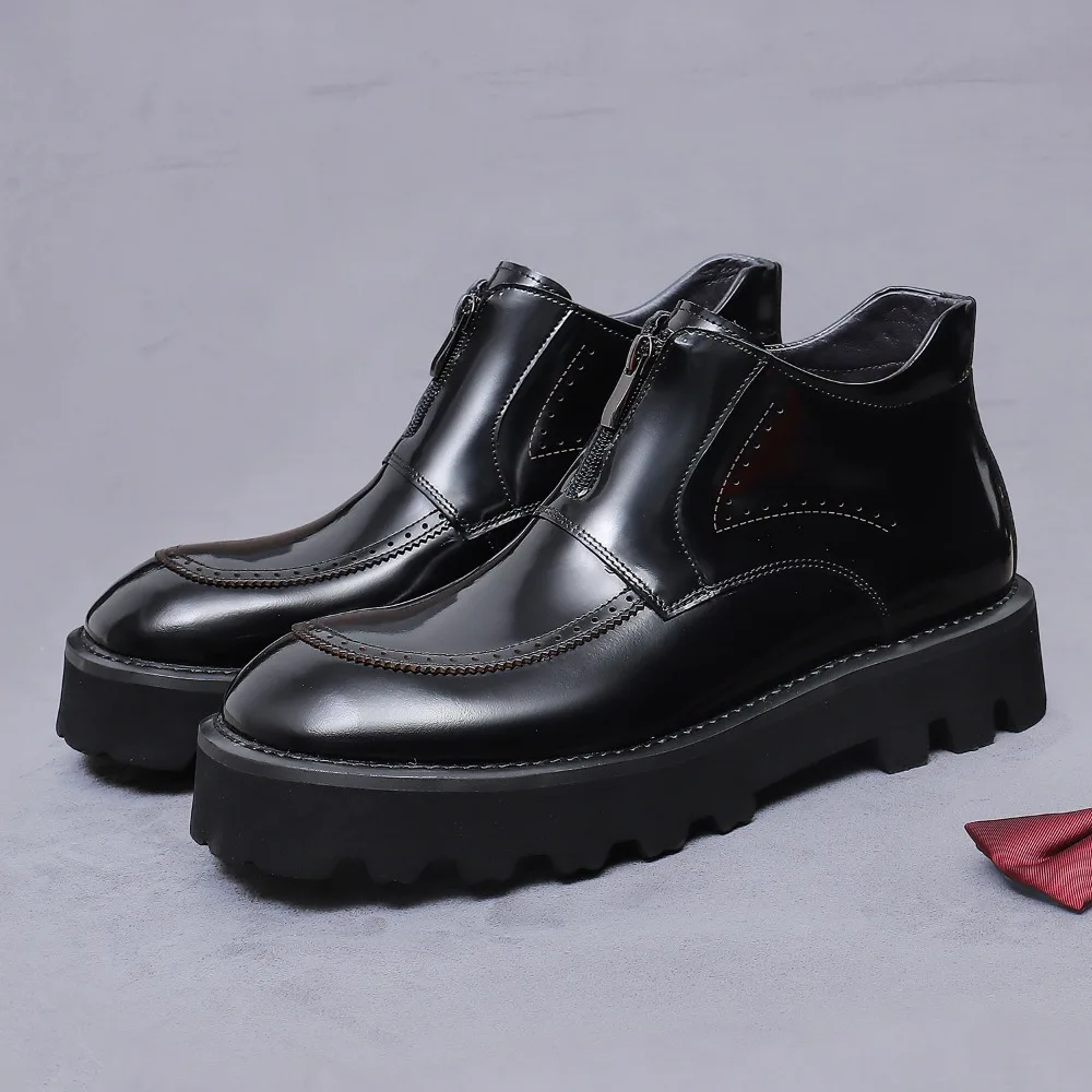 

Men's Korean Style Elevator Boots Genuine Cowhide Patent Leather, Thick-Sole Zip-Up, Wedding Photo Studio Business Casual Boots