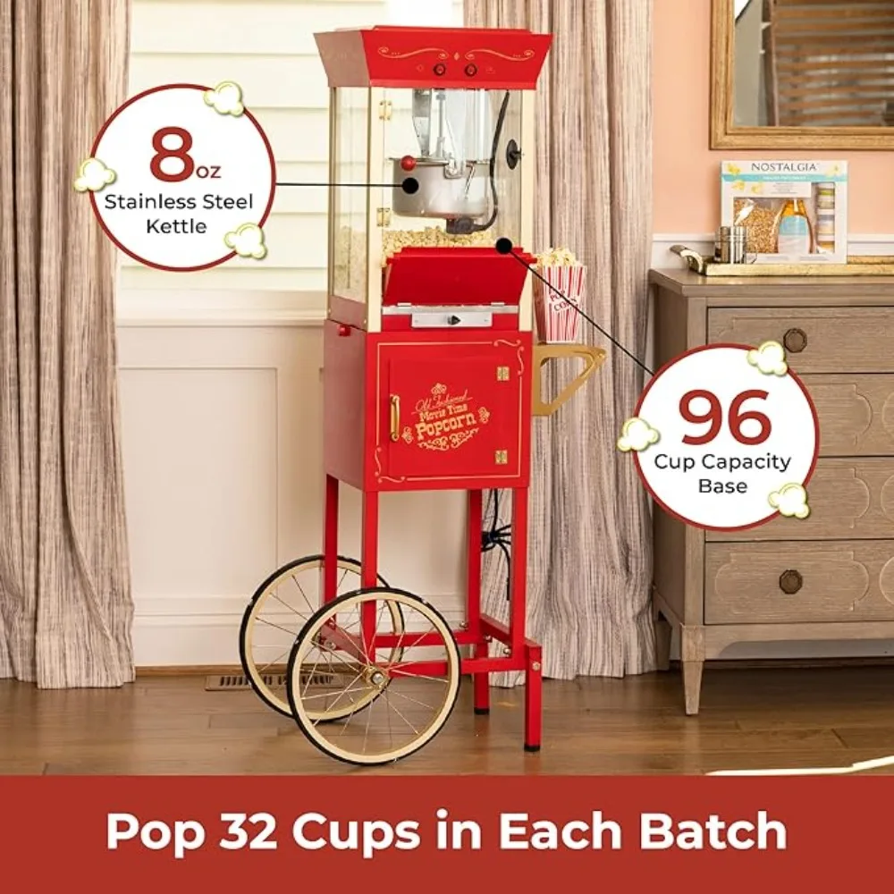 Popcorn Maker Machine Professional Cart with 8 Oz Kettle Makes Up To 32 Cups Popcorn Machine Movie Theater Style