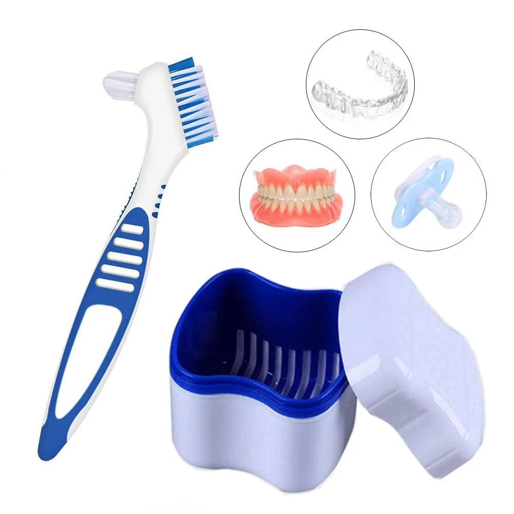 Travel Double-layer Cleaning Tool Denture Case Denture Box Bath Dentures Container with Basket Cleaner Brush