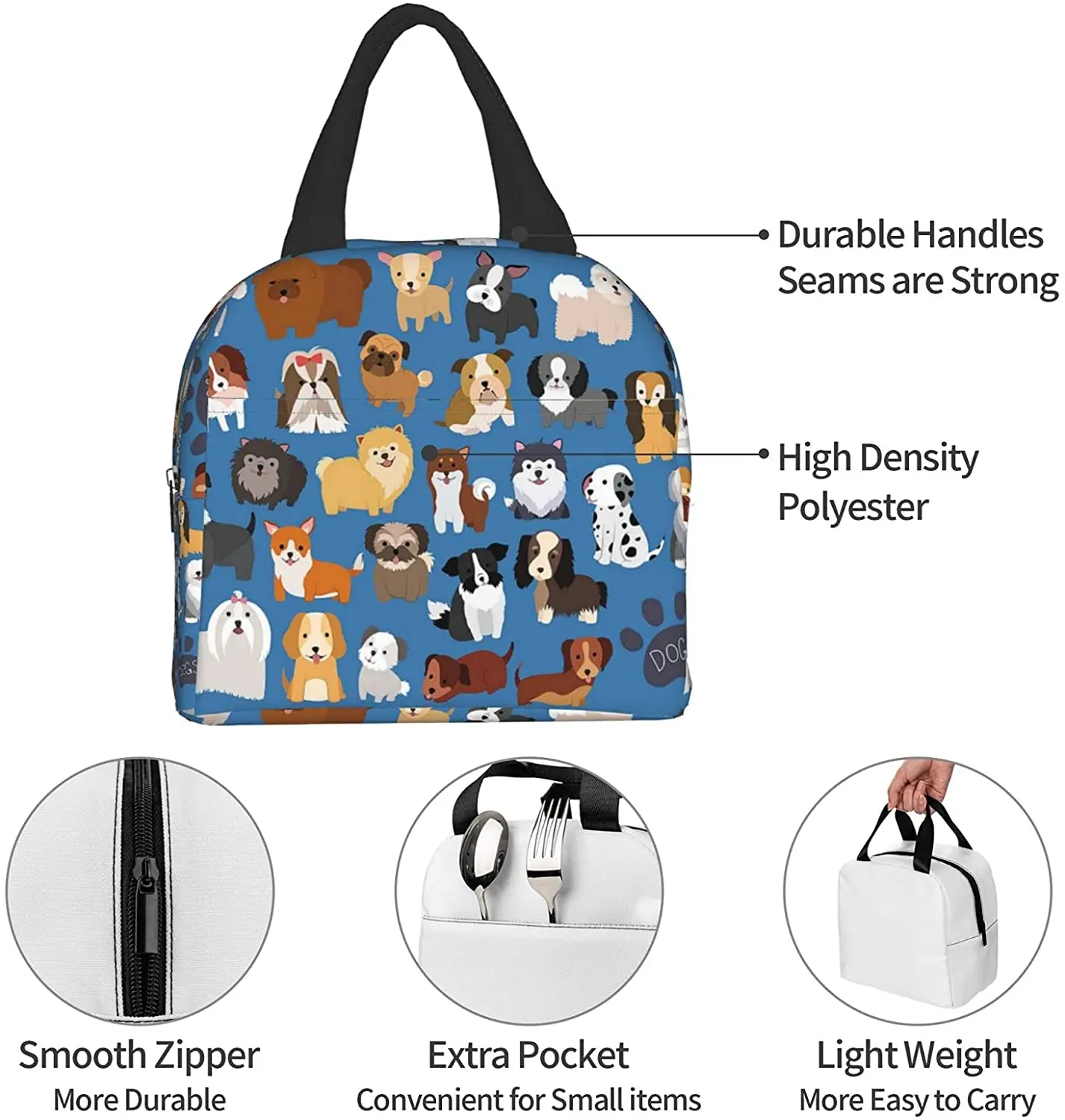 Dog and Puppy Insulated Lunch Bag Women Cooler Tote Box Leakproof Reusable Girls Lunchbag for Office Work School Picnic Portable