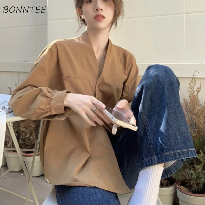 shirts Women French Style Asymmetrical Design V-neck Simple Solid Casual Streetwear Loose Daily All-match Elegant Trendy Spring