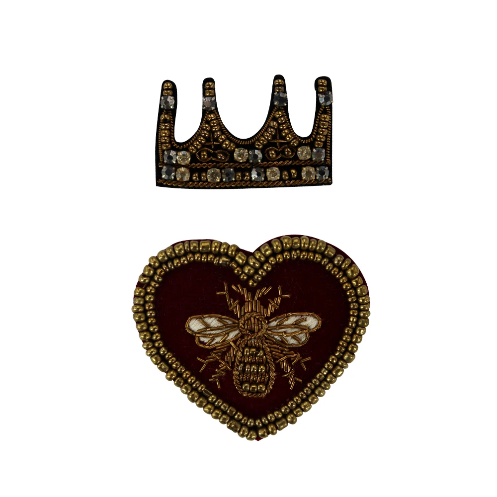 Crown Bee Heart Embroidery Crown Bee Badges Handmade India Silk Wire Patch Beaded Diamond Embroidered Applique Sewing Emblem