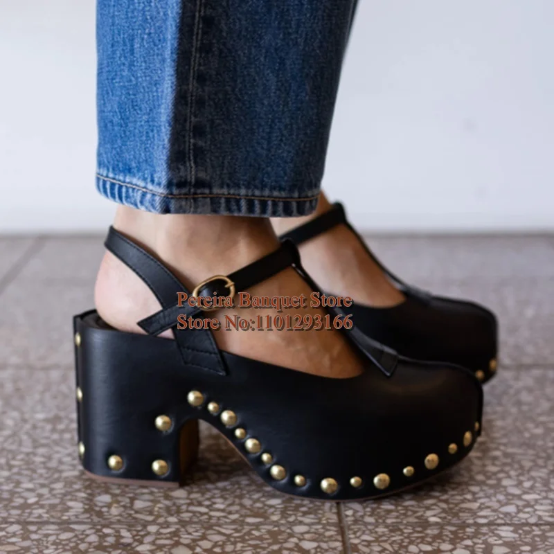 Vintage Gold Rivet Platform Clogs Slingback Sandals Black Black Faux Leather Chunky Block Heel T‑Strap Studded Street‑wear