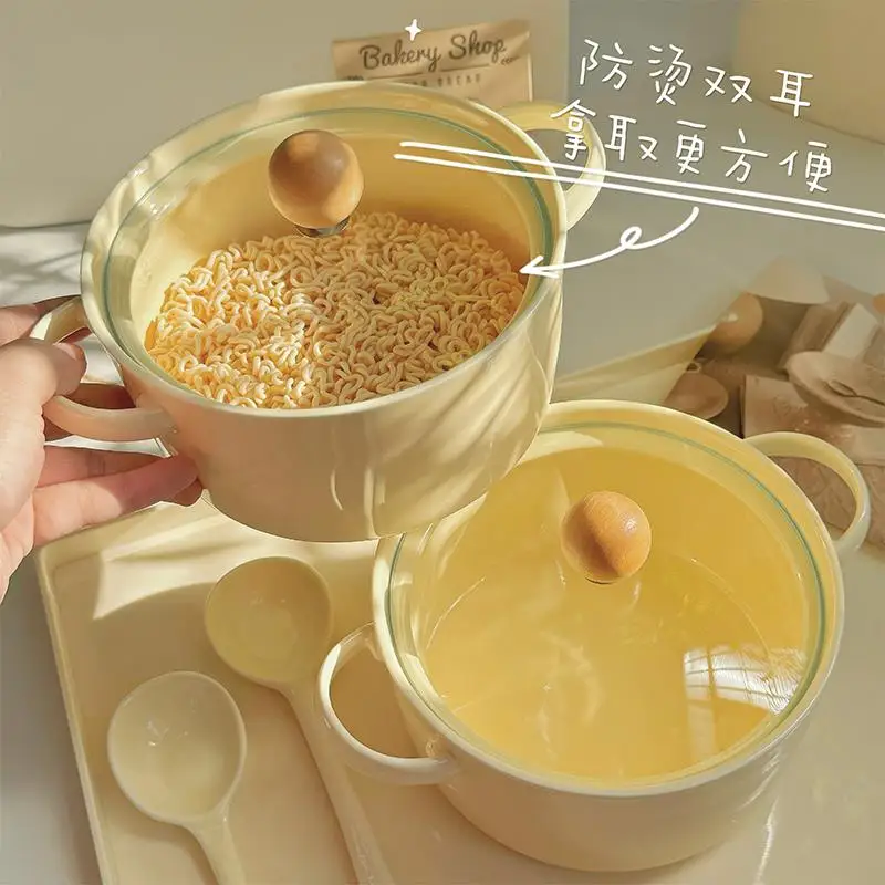 

Cerc Noodle Bowl with Lid Double Ears Student Milk Fufu Girl Heart Anti-Scalding High Aesthetic Value Porcelain Rice Bowl