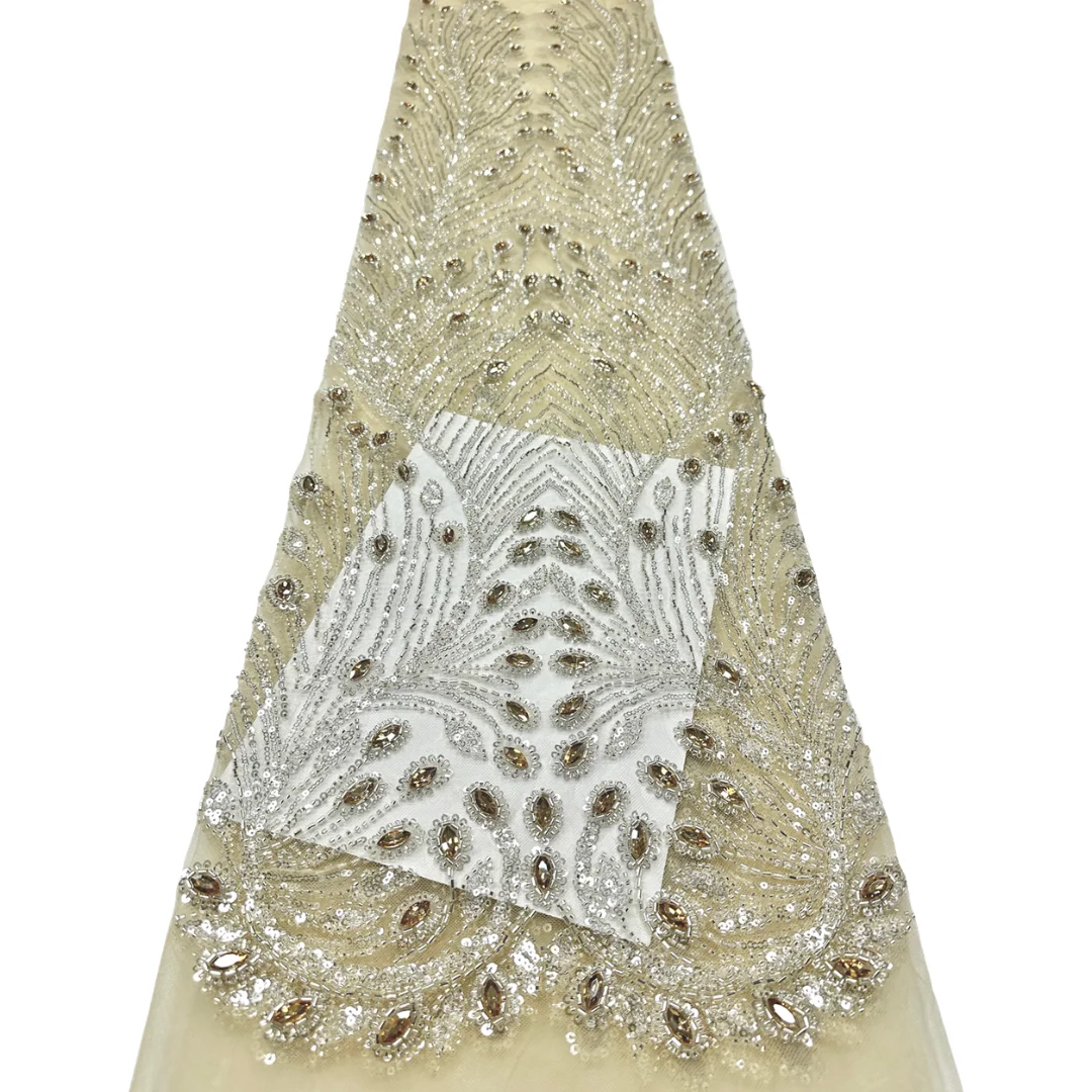 African Rhinestone Sequins Bead Embroidered French Mesh Fabric Lace Sequins Peacock Feather for sewing High-end party dress