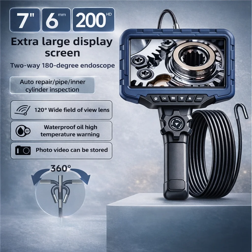 7-inch Screen 6.5/6.2/3.9MM Single/Dual Lens 1080P HD 360° Steering Endoscope HD Camera for Car Maintenance Engine Detection