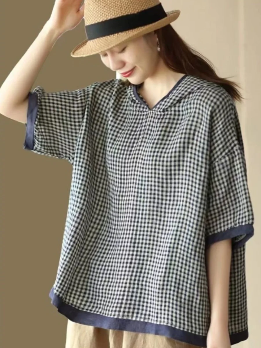 9182 Summer Elegant Style Fashion Plaid Hooded T-Shirts For Women Vintage Loose Casual Short Sleeved Pullover Female Tops Tees