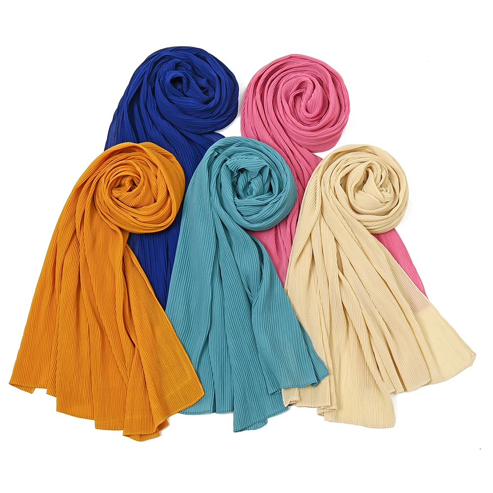 2024 New Crinkle Chiffon Hijab Shawl Wrap Solid Color Woman Muslim Hijabs Scarf Multicolour Headband Soft Head Scarf Turban