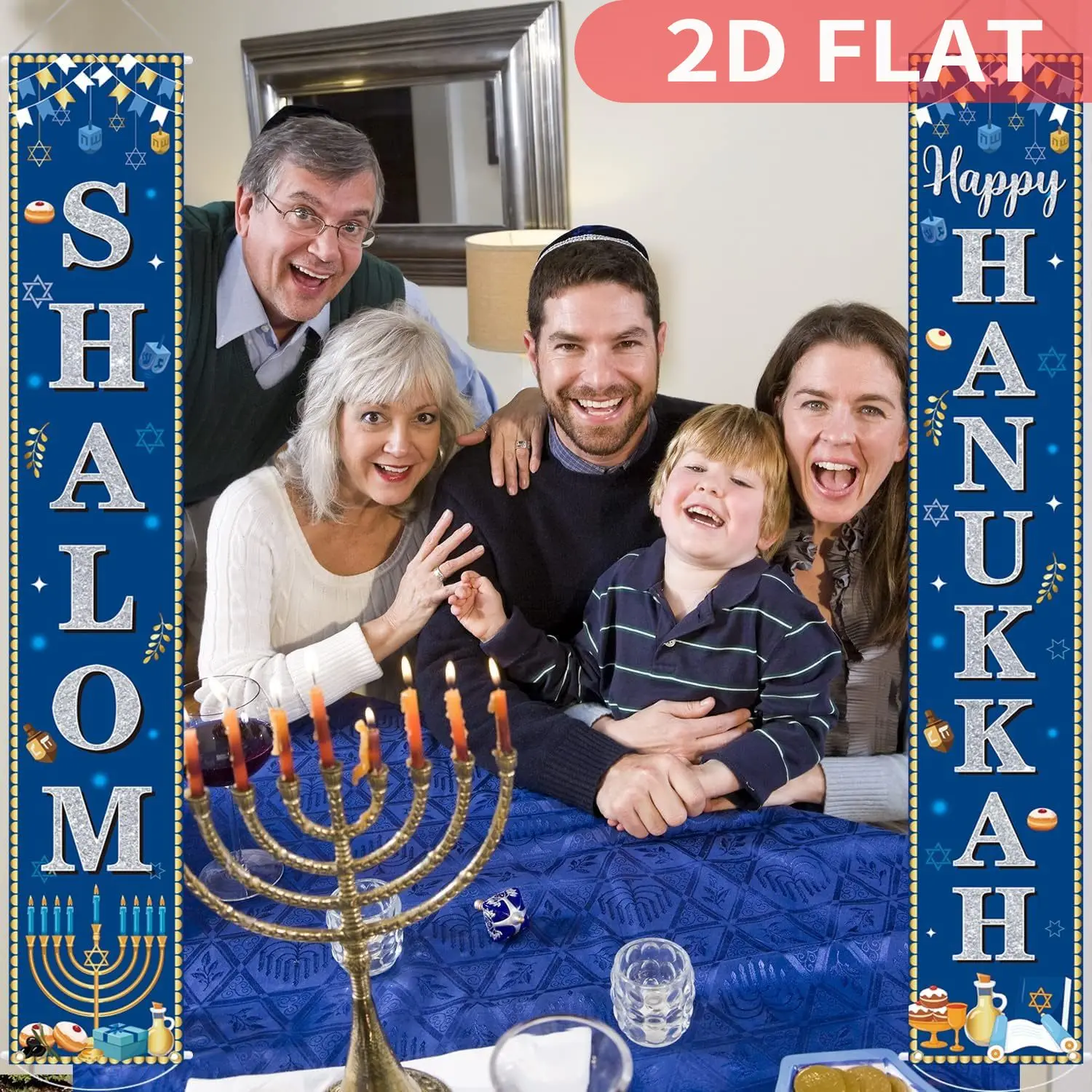 1pair Happy Hanukkah Porch Sign & Door Banner, Polyester Welcome Signs with 