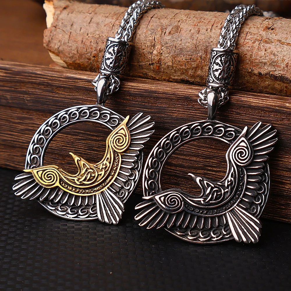 Nordic Odin Viking Crow Necklace Stainless Steel Fashion Vintage Biker Amulet Viking Pendant Necklace for Men Jewelry Wholesale