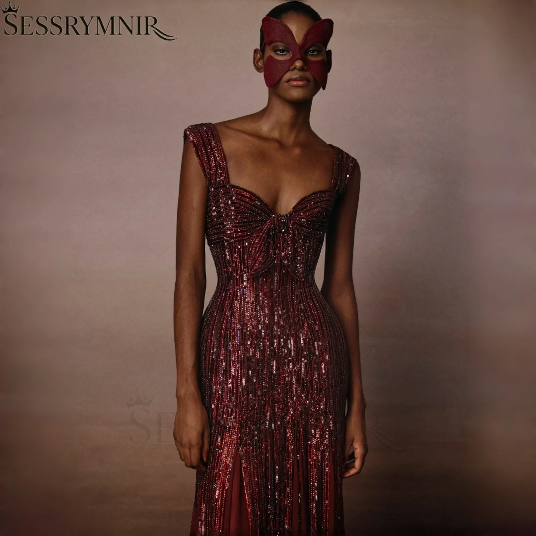 SESSRYMNIR Women'S Formal Evening Gowns Customize Square Neck Burgundy Evening Dresses Sleeveless Floor-Length Dubai Dresses