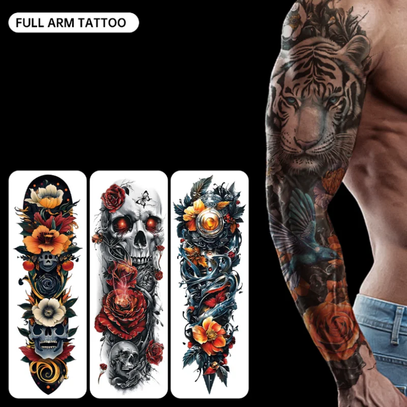 

Colored Full Arm Tattoo Sticker Personalized Floral Arm Tattoo Decals Durable Body Art Transfer Sleeve Art Tattoo Decorations