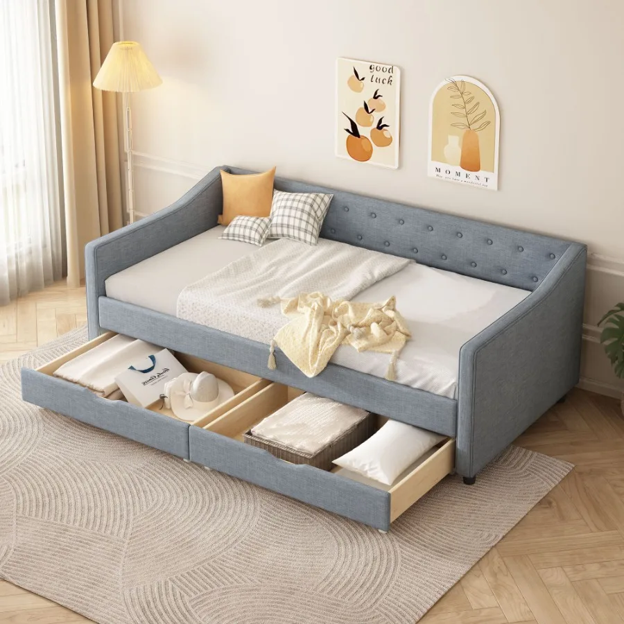 

Twin Size Daybed with Drawers Upholstered Tufted Sofa Bed with Button on Back and Piping on Waved Shape ArmsLight Grey