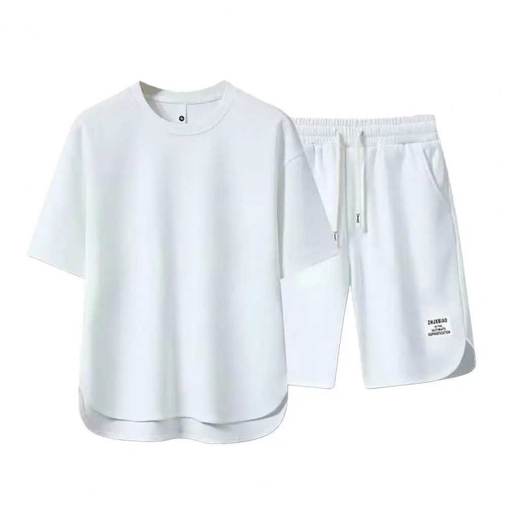 Baju olahraga pria musim panas, baju kasual leher O lengan pendek T-shirt pinggang tali serut elastis kaki lebar Set pakaian aktif
